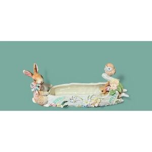 Fitz & Floyd Woodland Spring Cracker Candy Bowl Easter Spring Cottagecore Rabbit